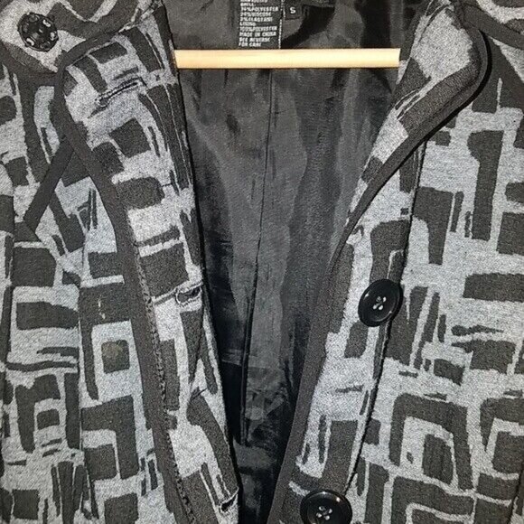 Sandro Sportswear Lined Jacket Belted Abstract Black Gray Print Button up Small - Picture 3 of 5